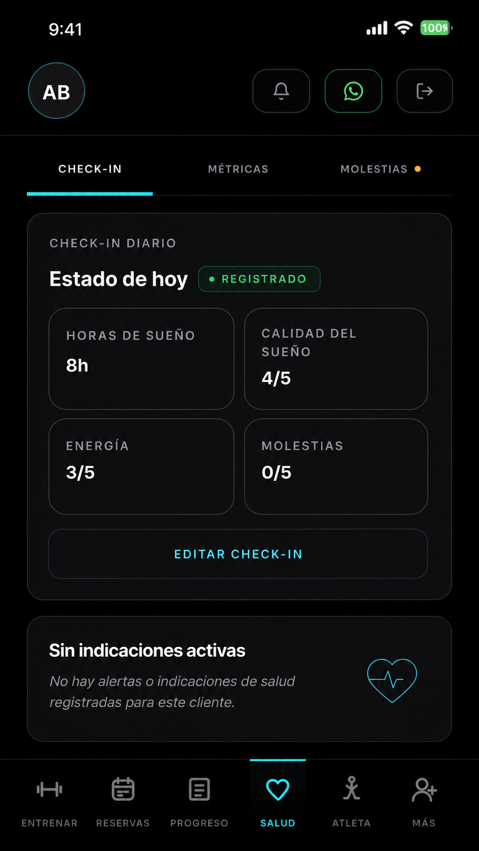 Check-in diario de sueño, energía y molestias