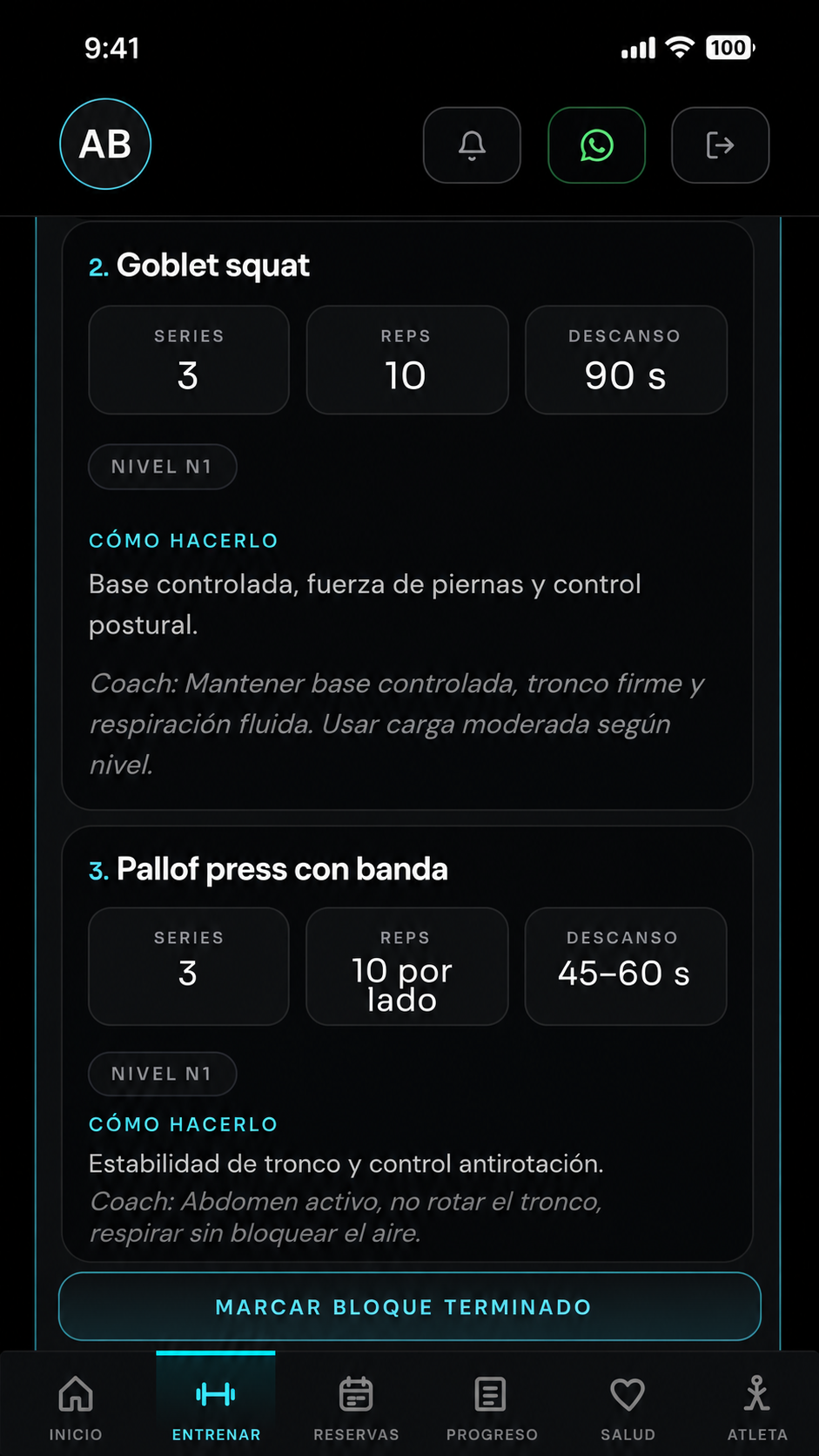 Detalle de ejercicios con series, repeticiones e indicaciones