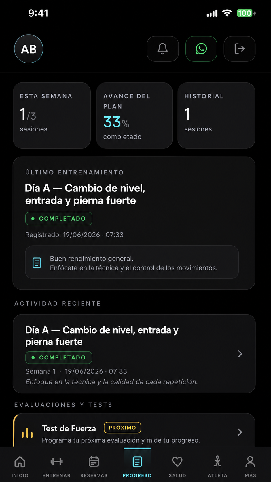 Progreso, historial y evaluaciones del cliente