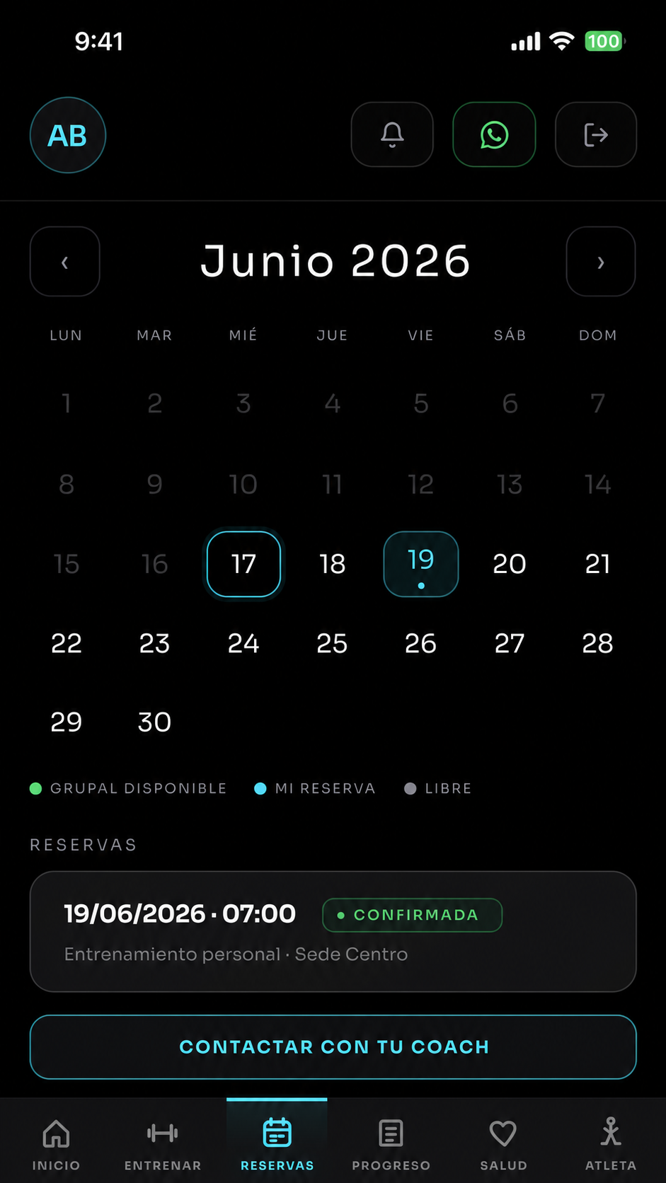 Calendario de reservas y sesión confirmada